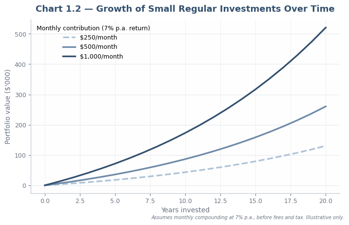 Growth of small regular investments over 20 years