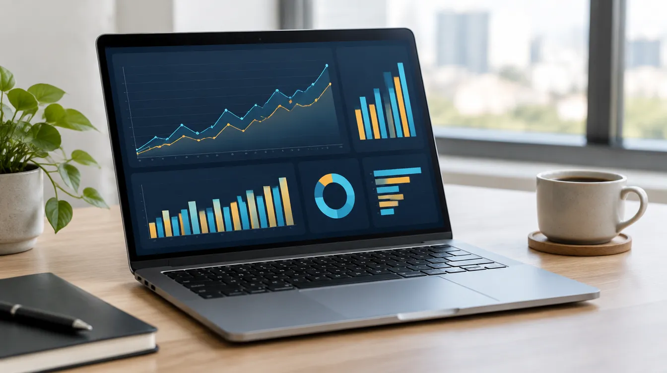 Laptop showing a financial dashboard with blue and amber charts