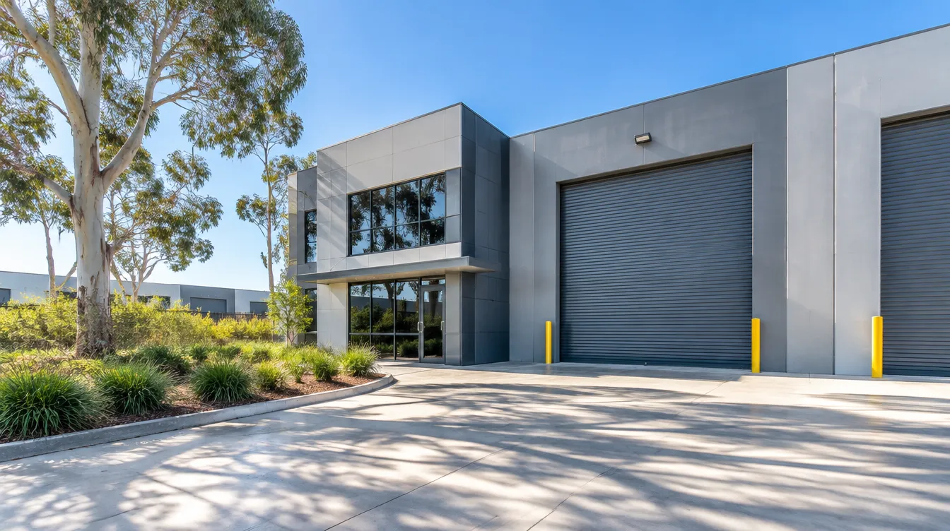 Modern industrial warehouse unit with roller doors and a small office front