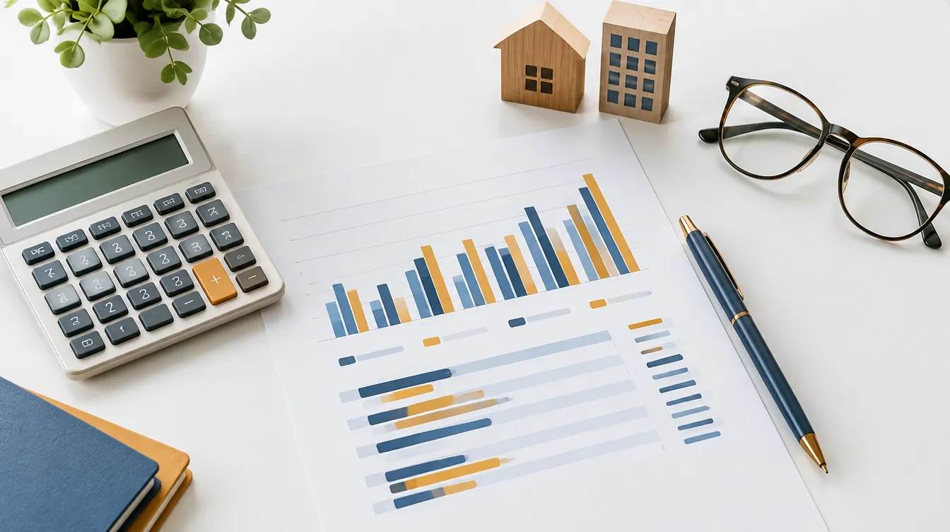 Calculator, pen and a printed loan repayment chart on a desk