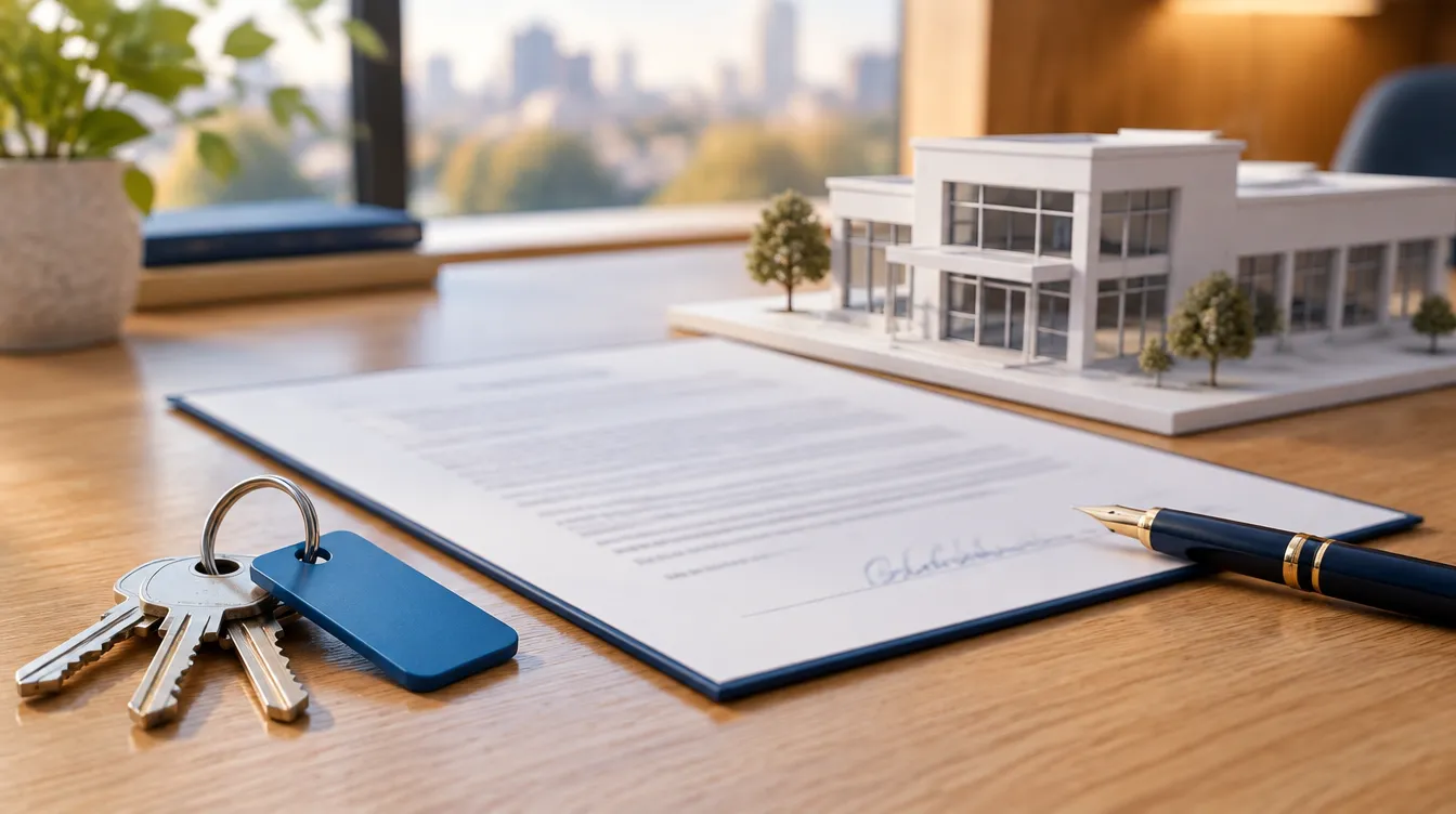 Keys, a signed property contract and a model commercial building on a desk