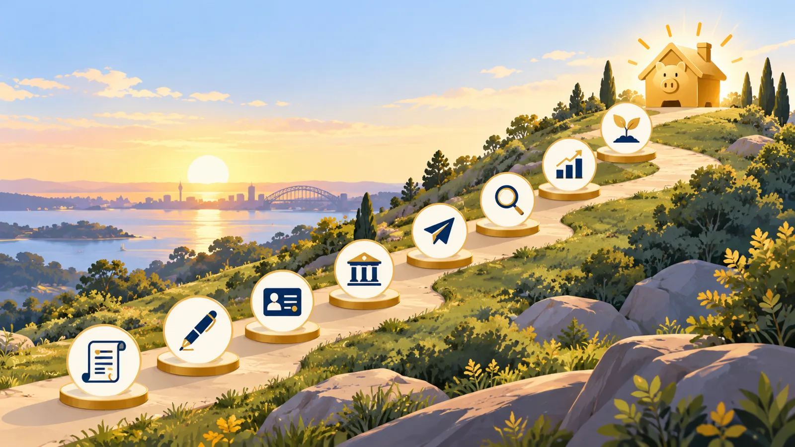 Path of steps to setting up an SMSF leading to a golden piggy-bank house