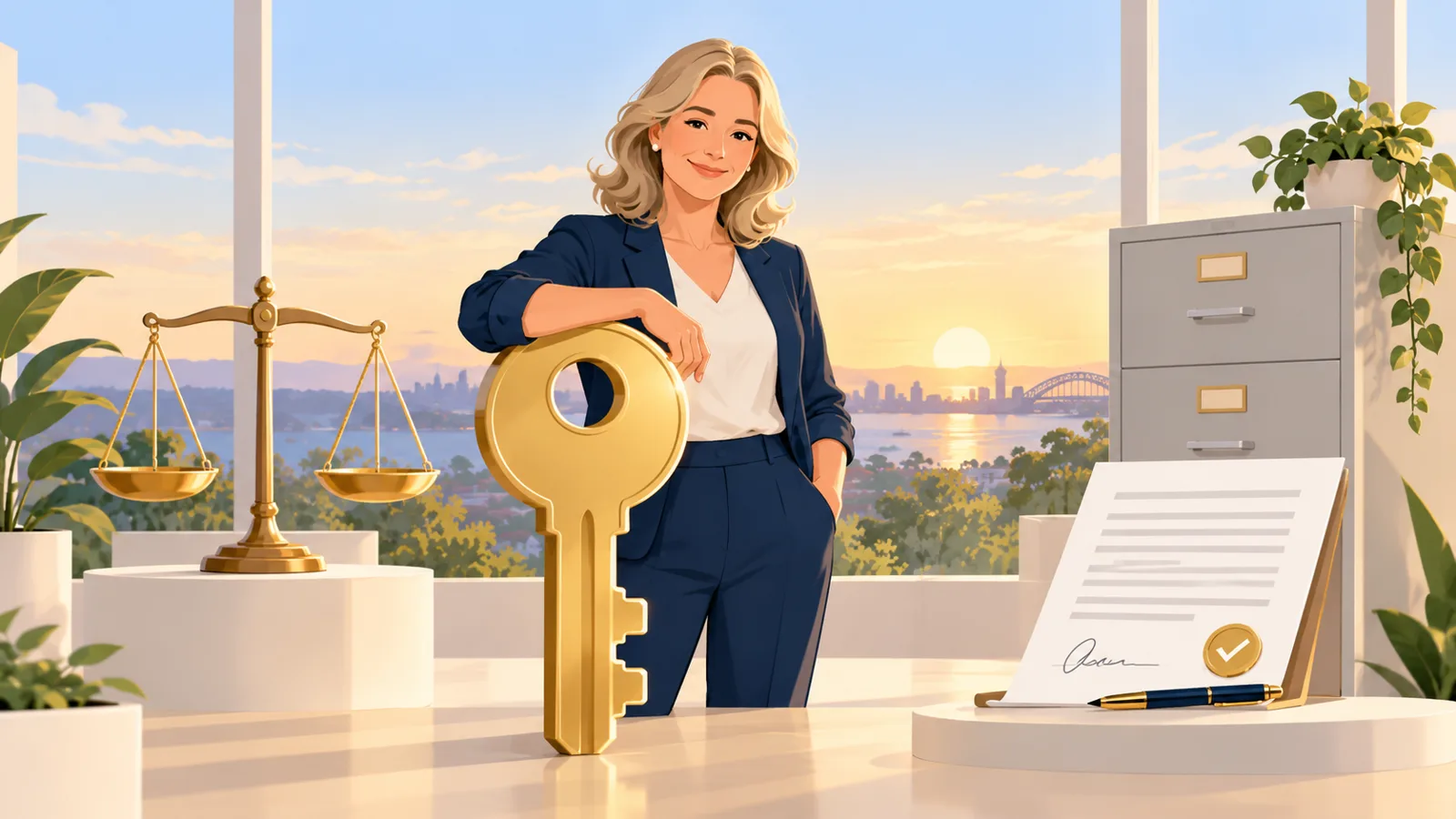 SMSF trustee holding the key to responsibility, with a declaration, scales and records